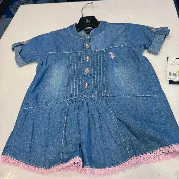 NWT U.S. Polo Assn Girl's Size 4  Demin Dress Pink Logo & Trim, Rolled Sleeves - Picture 1 of 10